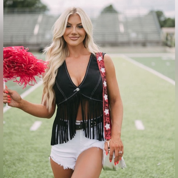 These Three Boutique Tops - Fringe Denim Vest - Black
